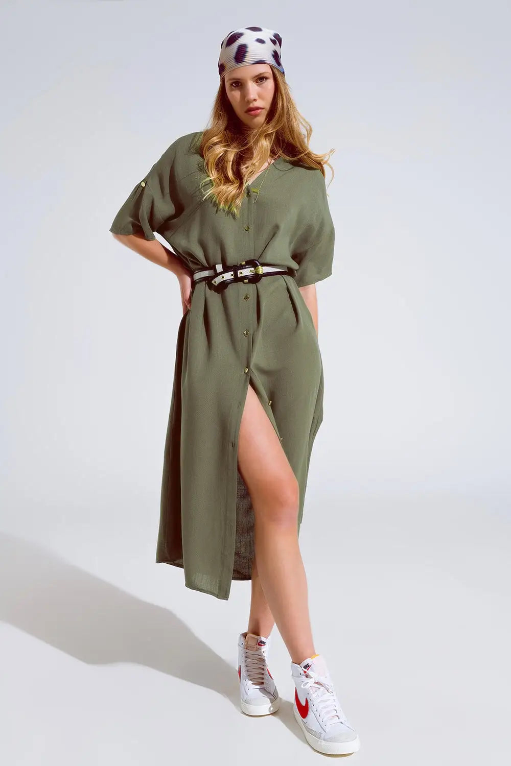 Khaki Midi Button Down Dress With Short Sleeves and Matching Belt - One Size / Green - Dresses