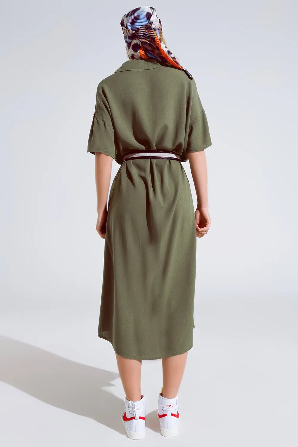 Khaki Midi Button Down Dress With Short Sleeves and Matching Belt - One Size / Green - Dresses