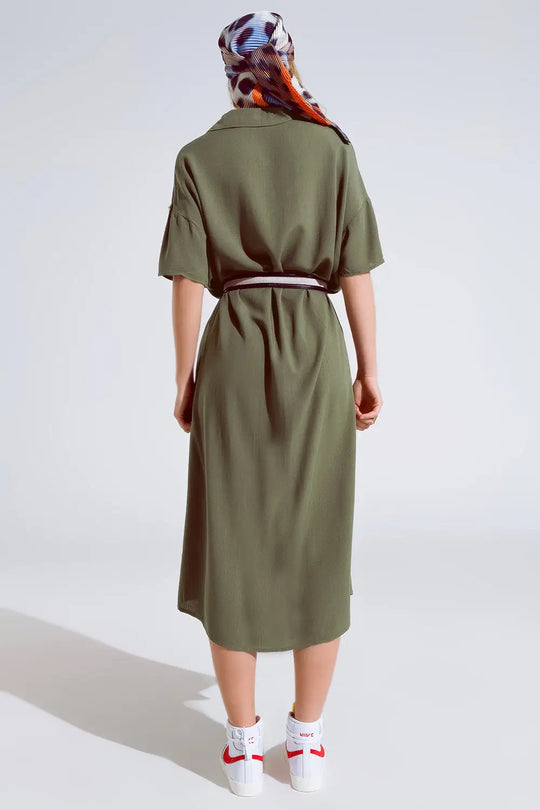 Khaki Midi Button Down Dress With Short Sleeves and Matching Belt - One Size / Green - Dresses
