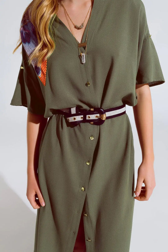 Khaki Midi Button Down Dress With Short Sleeves and Matching Belt - One Size / Green - Dresses