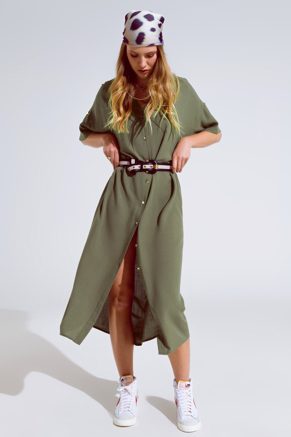 Khaki Midi Button Down Dress With Short Sleeves and Matching Belt