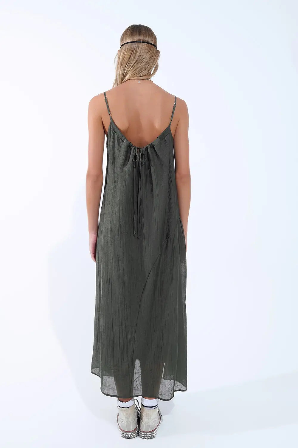 Khaki Midi Dress with Thin Straps and Crinkled Detail - Dresses
