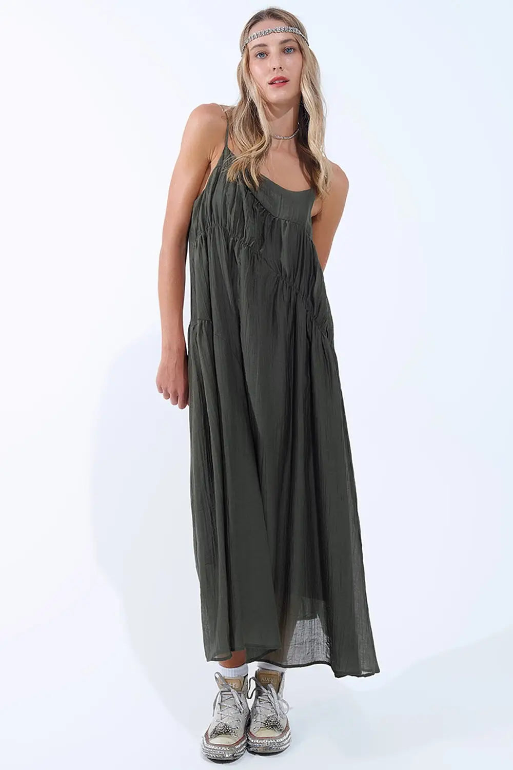 Khaki Midi Dress with Thin Straps and Crinkled Detail - Dresses