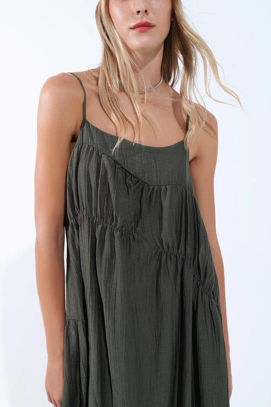 Khaki Midi Dress with Thin Straps and Crinkled Detail - Dresses
