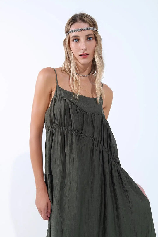 Khaki Midi Dress with Thin Straps and Crinkled Detail - Dresses
