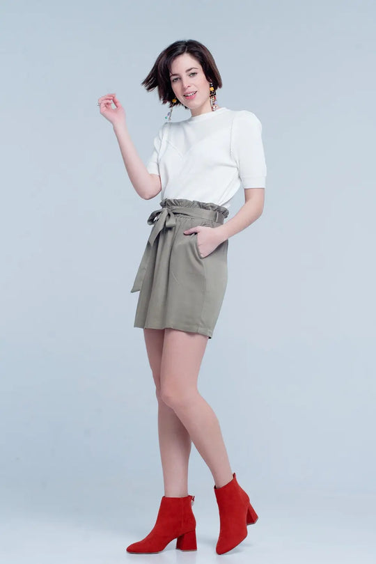 Khaki Mini Skirt With Bow Detail - Skirts