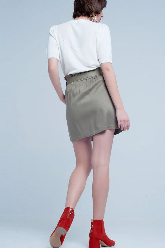 Khaki Mini Skirt With Bow Detail - Skirts