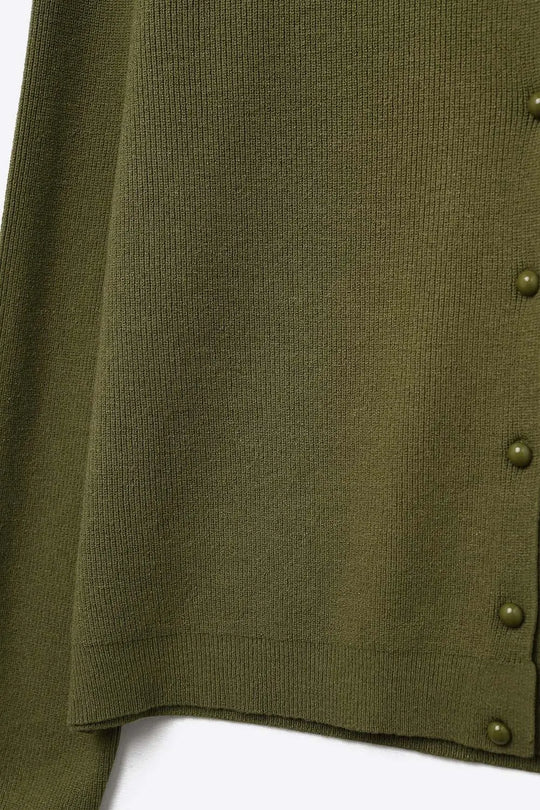 Khaki Ribbed Knit Cardigan with Mother-of-Pearl Buttons - One Size / Green