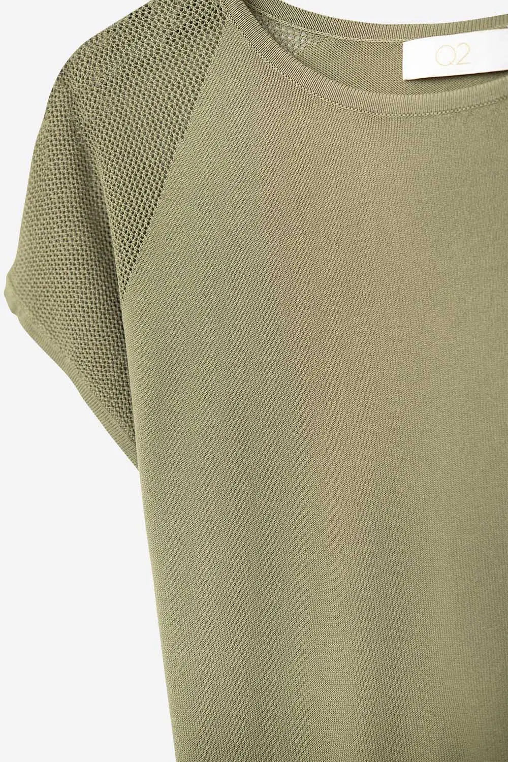khaki Short Sleeve Sweater with knitted mesh on the shoulder - One Size / Green - Sweaters