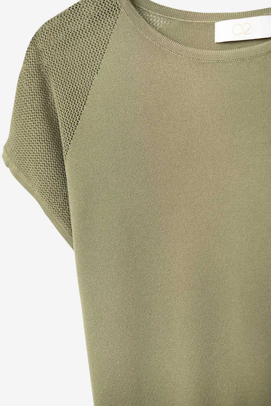 khaki Short Sleeve Sweater with knitted mesh on the shoulder - One Size / Green - Sweaters