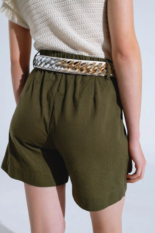 Khaki Shorts With Pockets And Elastic Waist - Pants