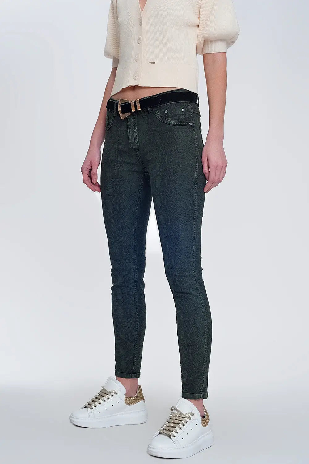 Q2 Khaki super skinny reversible pants with snake print