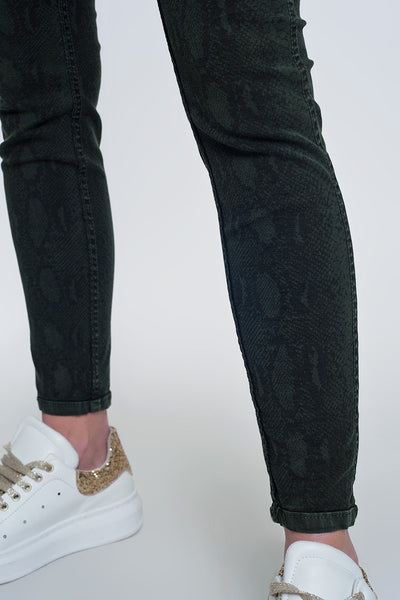 Khaki super skinny reversible pants with snake print