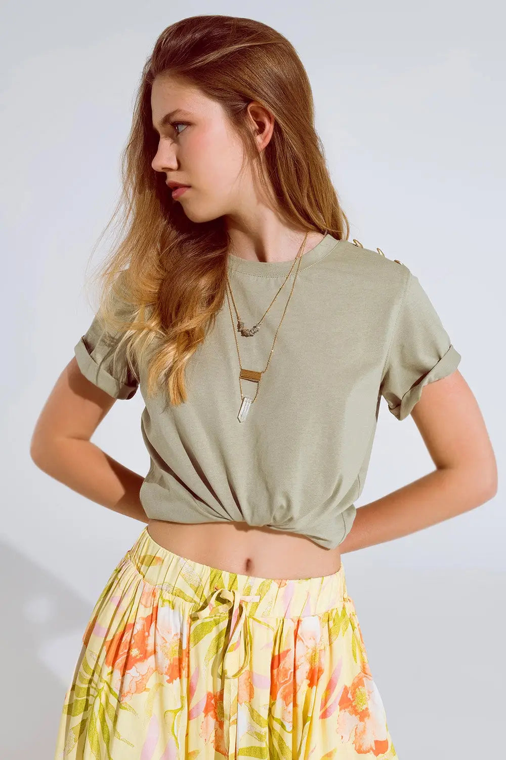 Khaki T-Shirt with golden button detail on shoulder - Tops