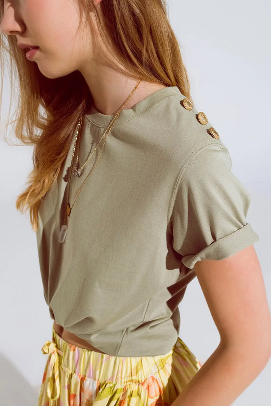 Khaki T-Shirt with golden button detail on shoulder - Tops