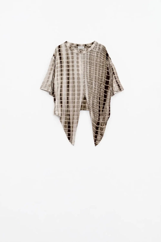 Khaki Tie Dye printed t-shirt with knot on the front - Tops