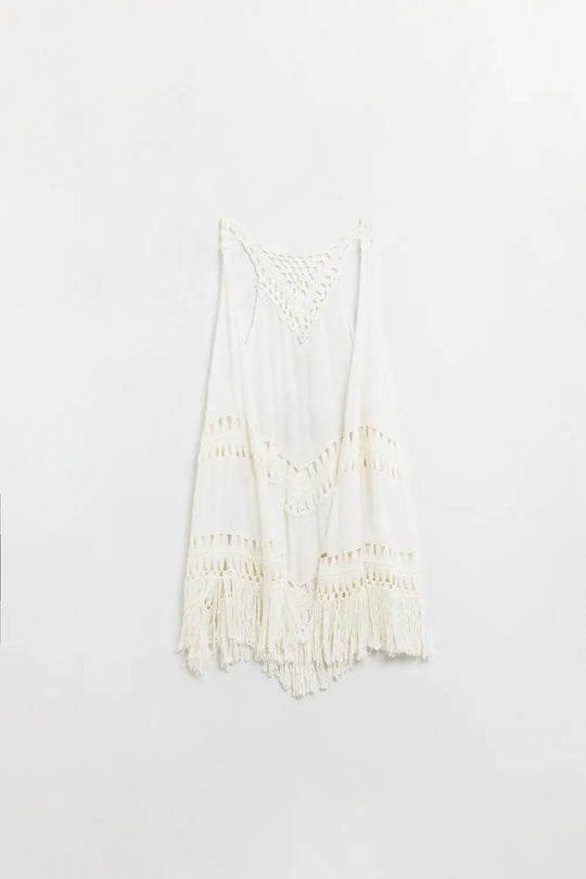 Q2 Kimono à franges en crochet ivoire