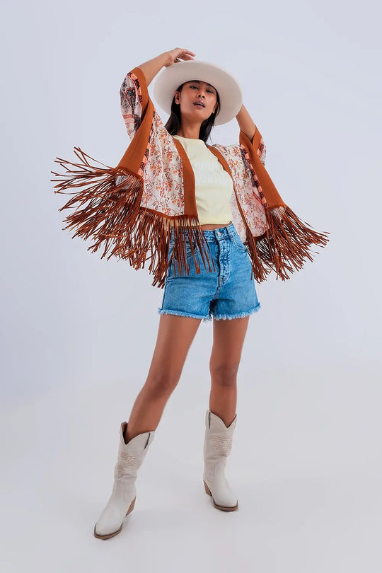 Kimono à imprimé avec ourlet à franges marron - One Size / bleu - Vestes