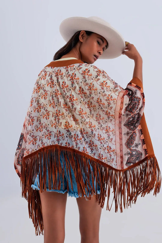 Kimono à imprimé avec ourlet à franges marron - One Size / bleu - Vestes