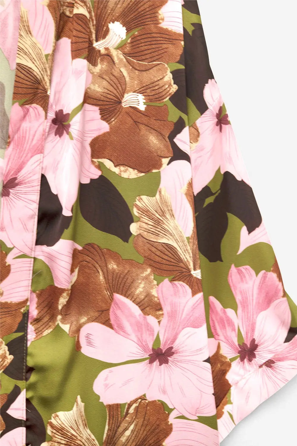 Kimono floral tropical en satin vert olive - Vestidos