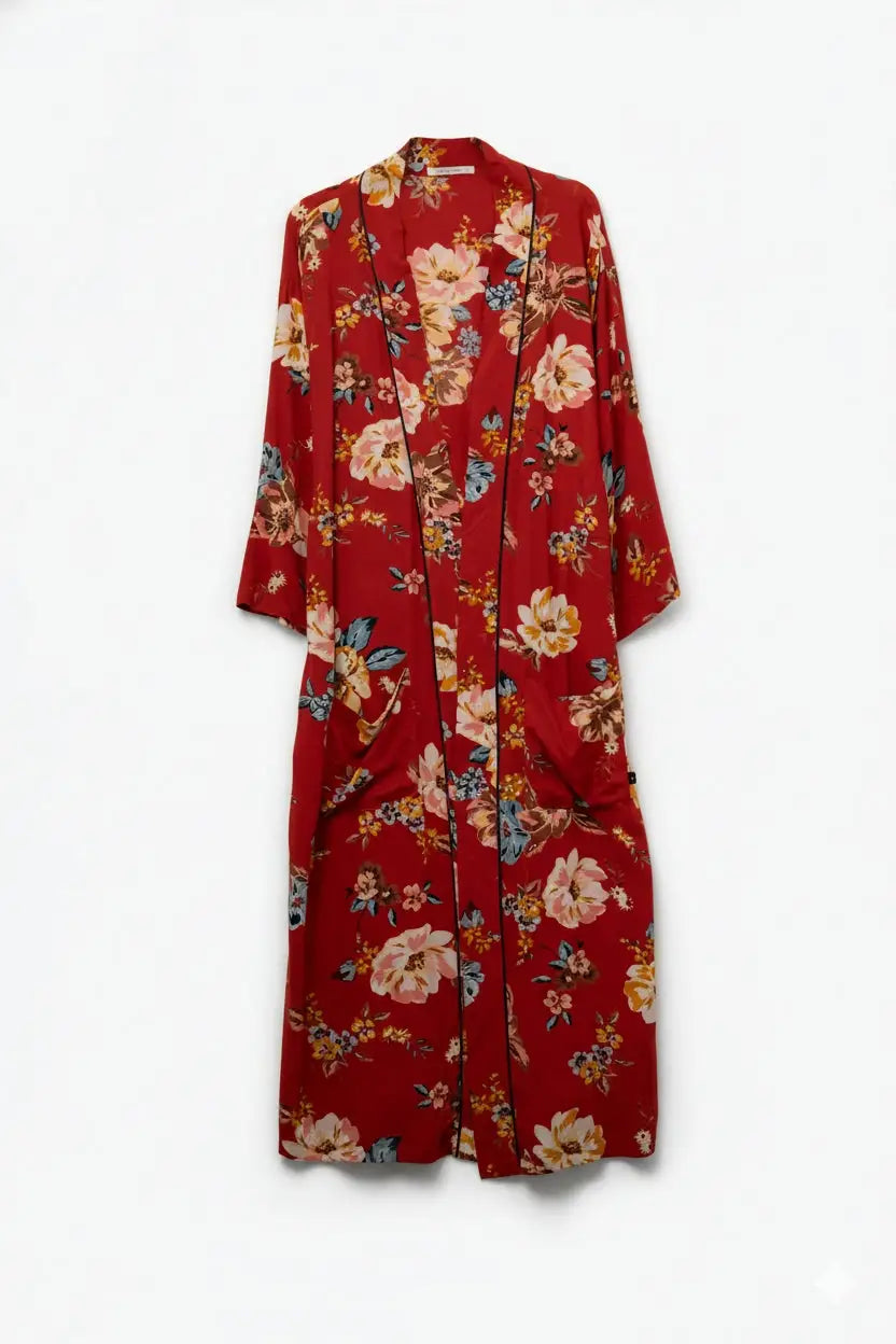 Q2 Kimono long à fleurs rouges