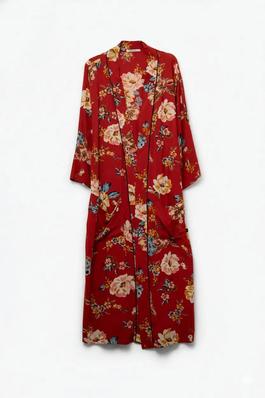 Q2 Kimono long à fleurs rouges