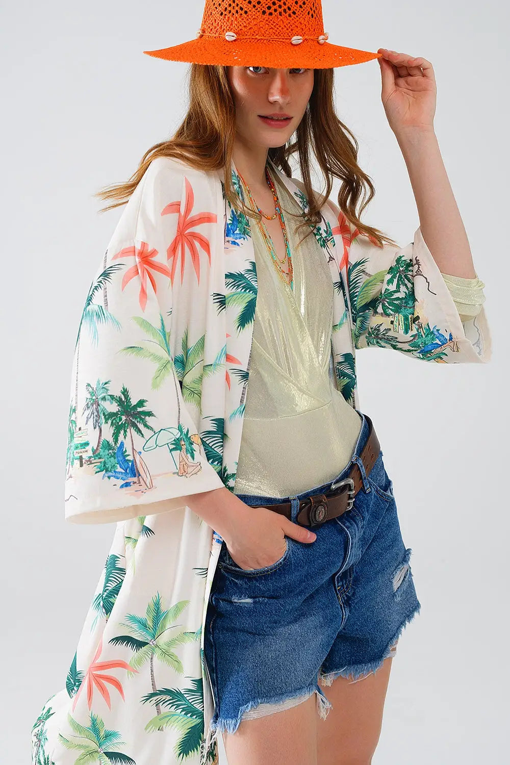 Kimono ouvert crème avec imprimé plage en longueur midi - Vestes