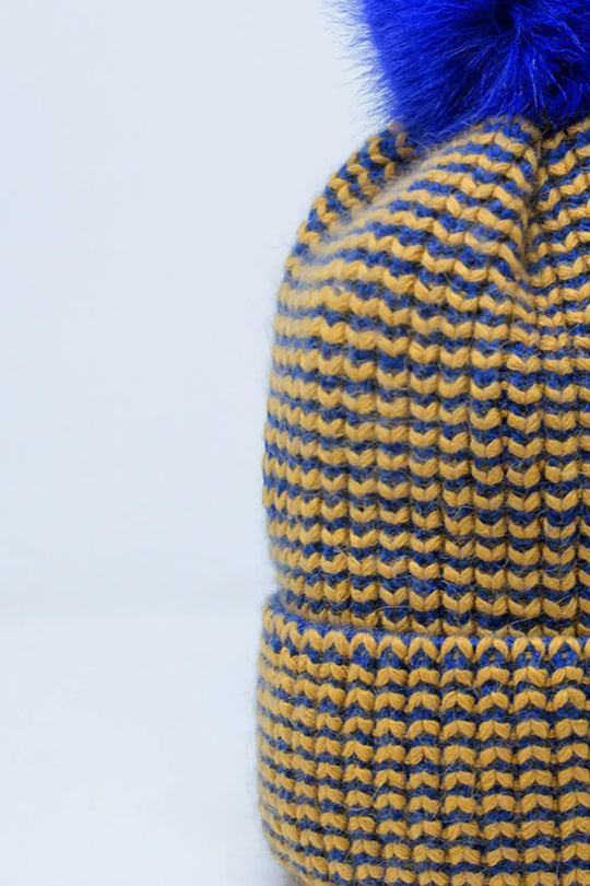 Knitted Beanie With Pom Pom in Blue and Yellow - One Size / Yellow