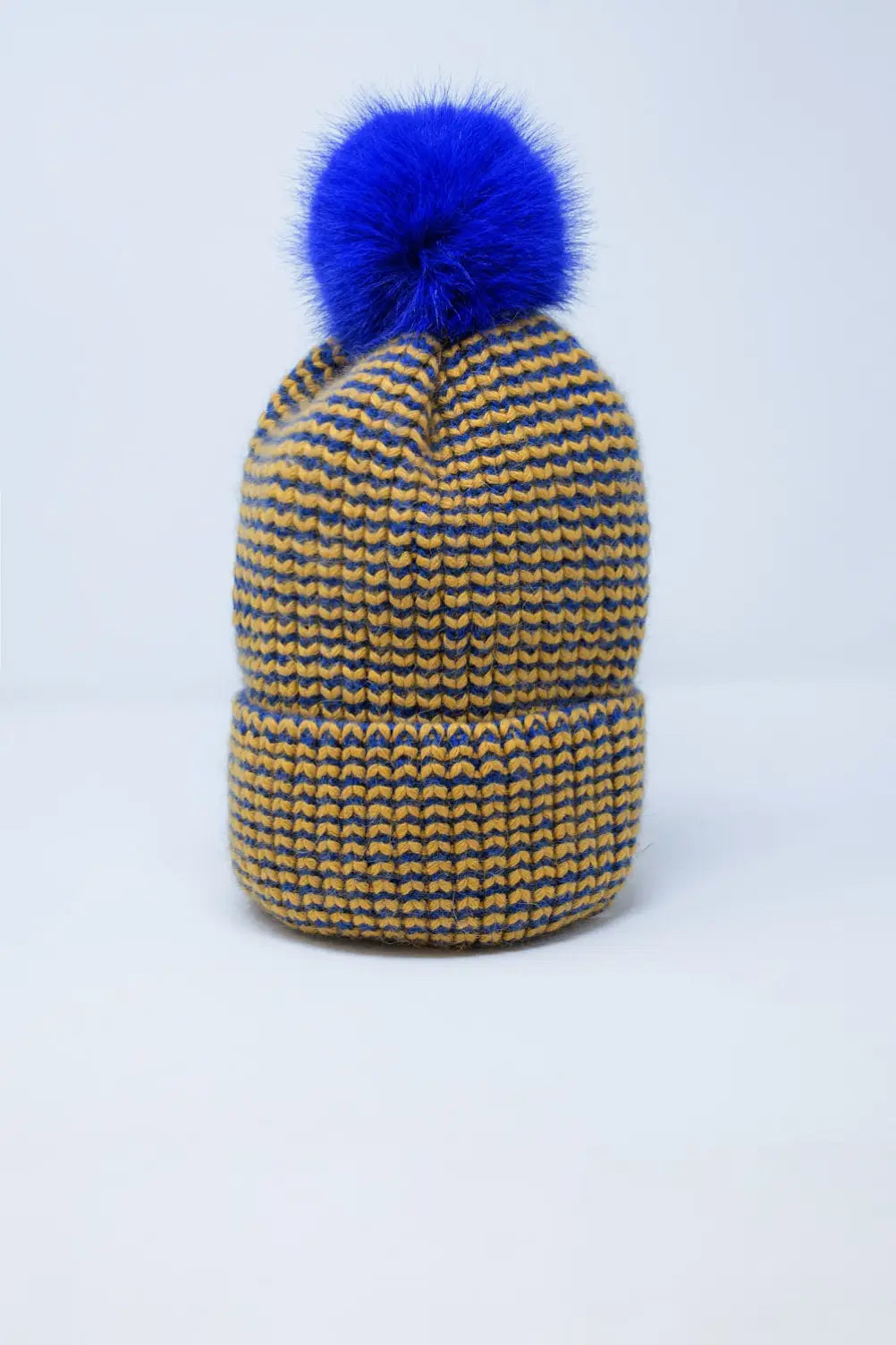 Knitted Beanie With Pom Pom in Blue and Yellow - One Size / Yellow