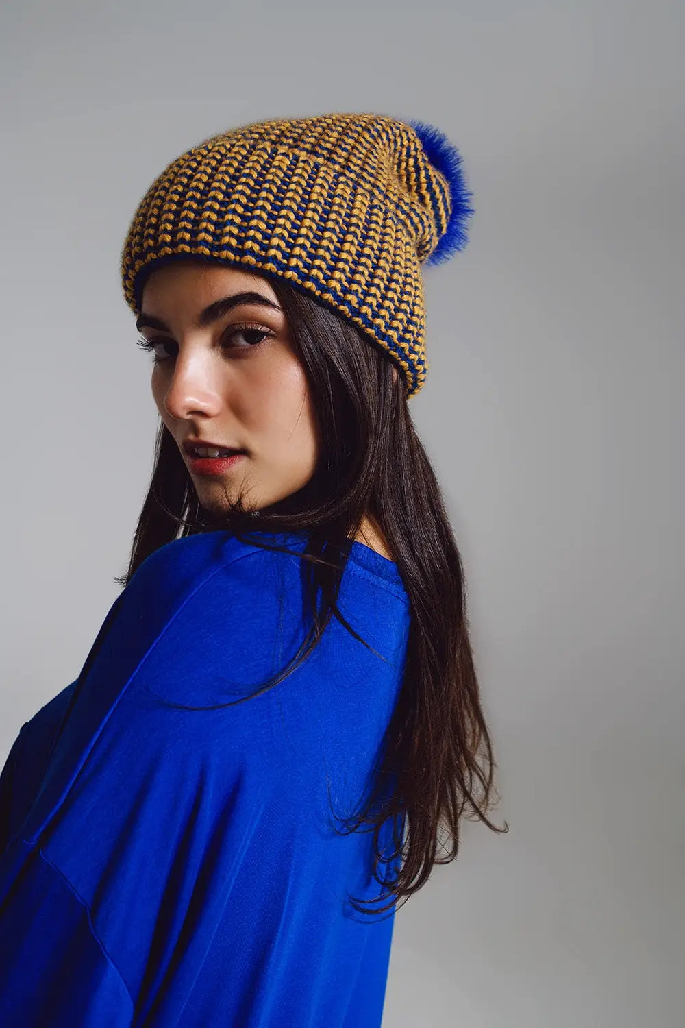 Knitted Beanie With Pom Pom in Blue and Yellow - One Size / Yellow