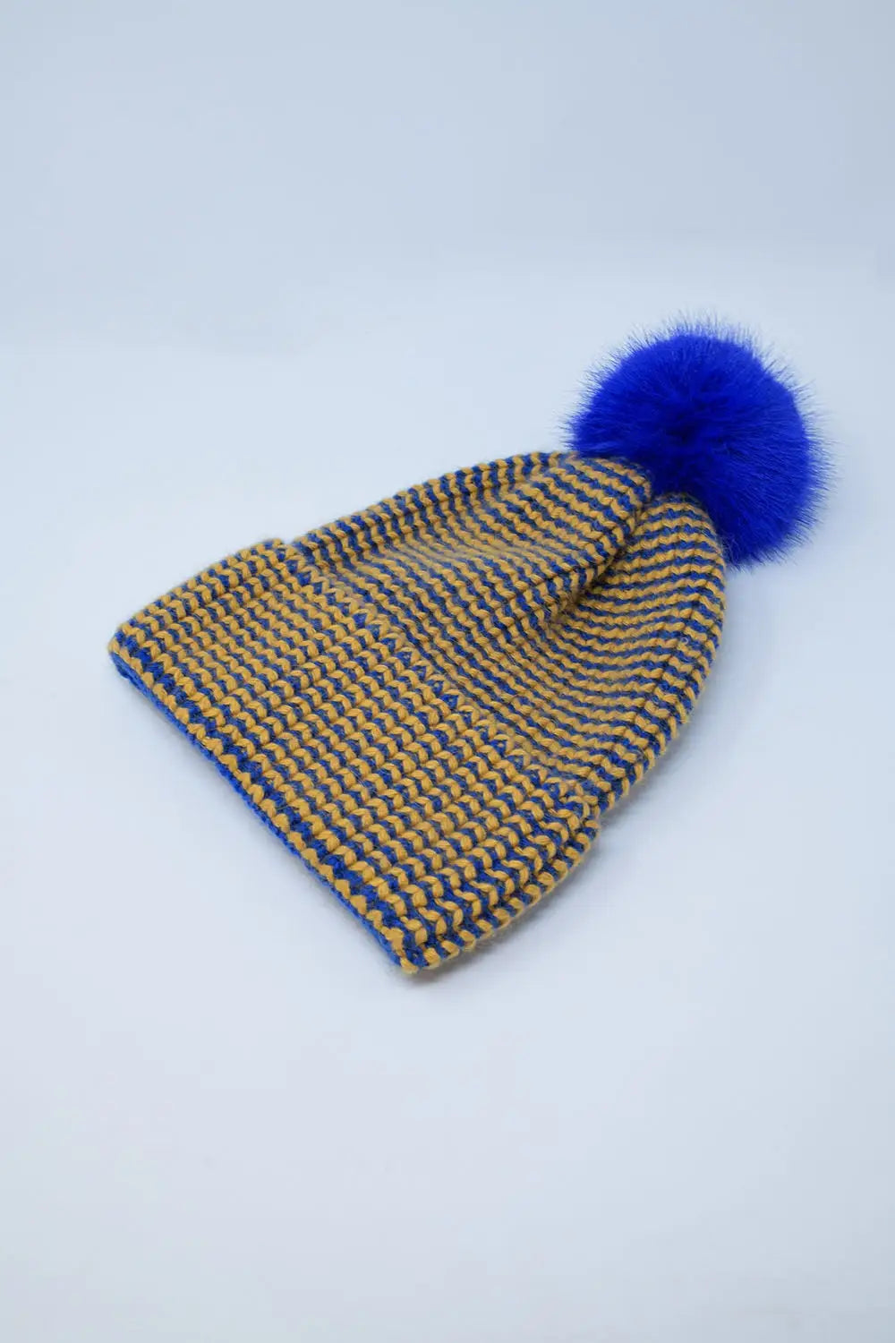 Knitted Beanie With Pom Pom in Blue and Yellow - One Size / Yellow