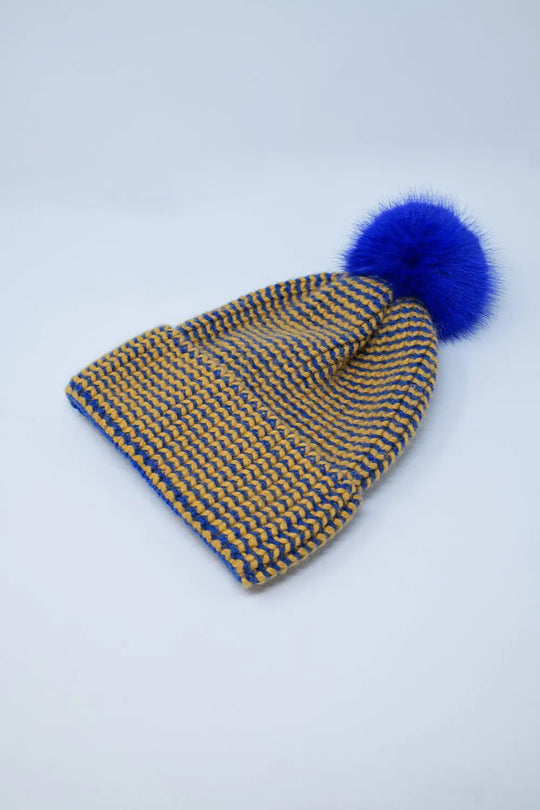 Knitted Beanie With Pom Pom in Blue and Yellow - One Size / Yellow