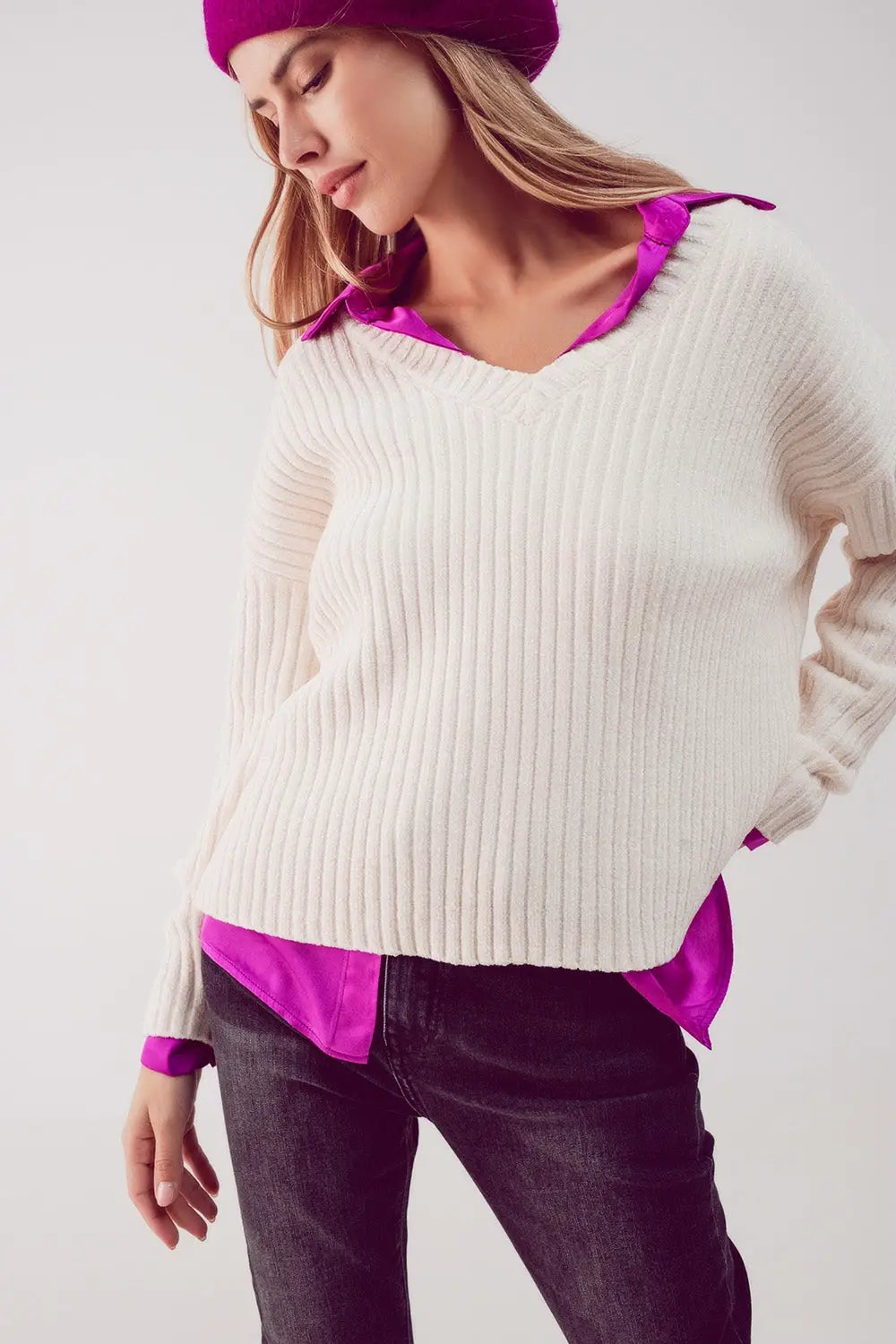 Q2 Knitted chenille jumper in cream