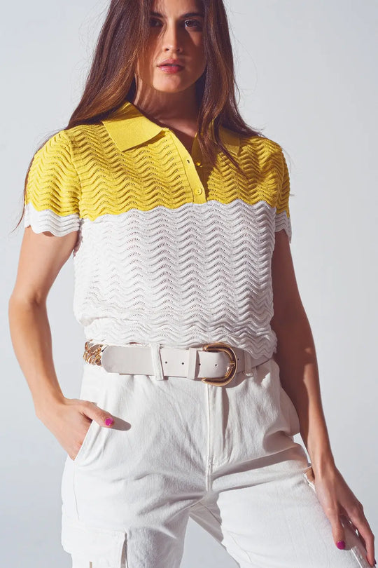 Knitted Colour Block Cropped Polo in White and Yellow - Sweaters