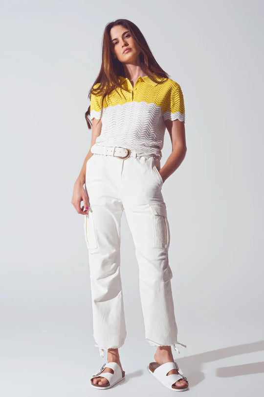 Knitted Colour Block Cropped Polo in White and Yellow - Sweaters