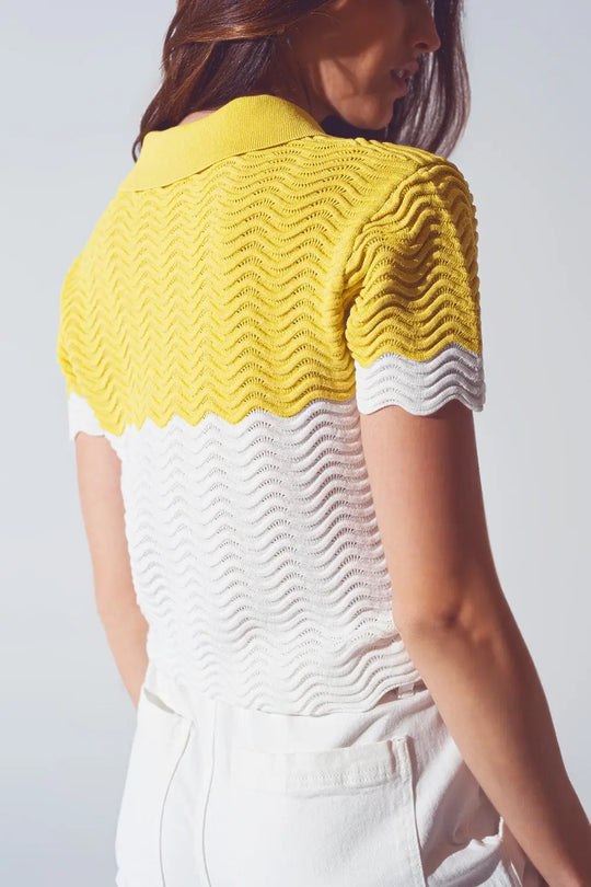 Knitted Colour Block Cropped Polo in White and Yellow - Sweaters