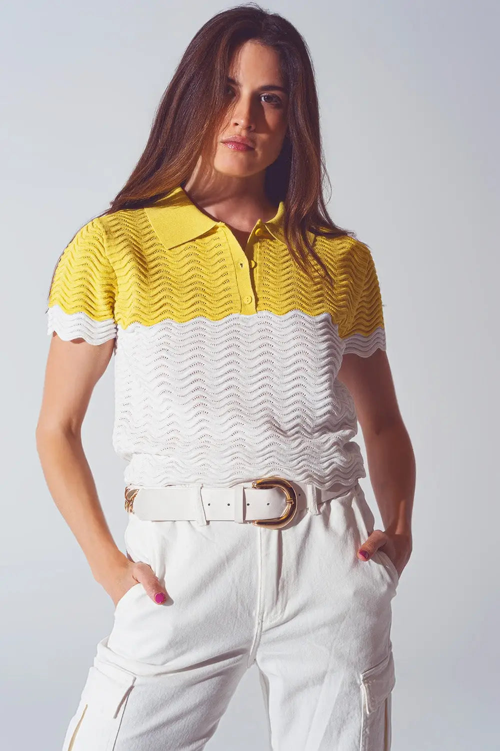 Knitted Colour Block Cropped Polo in White and Yellow - Sweaters
