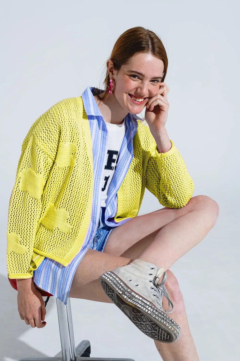 Knitted Crochet Cardigan With Knitted Clouds In yellow - One Size / Yellow - Sweaters