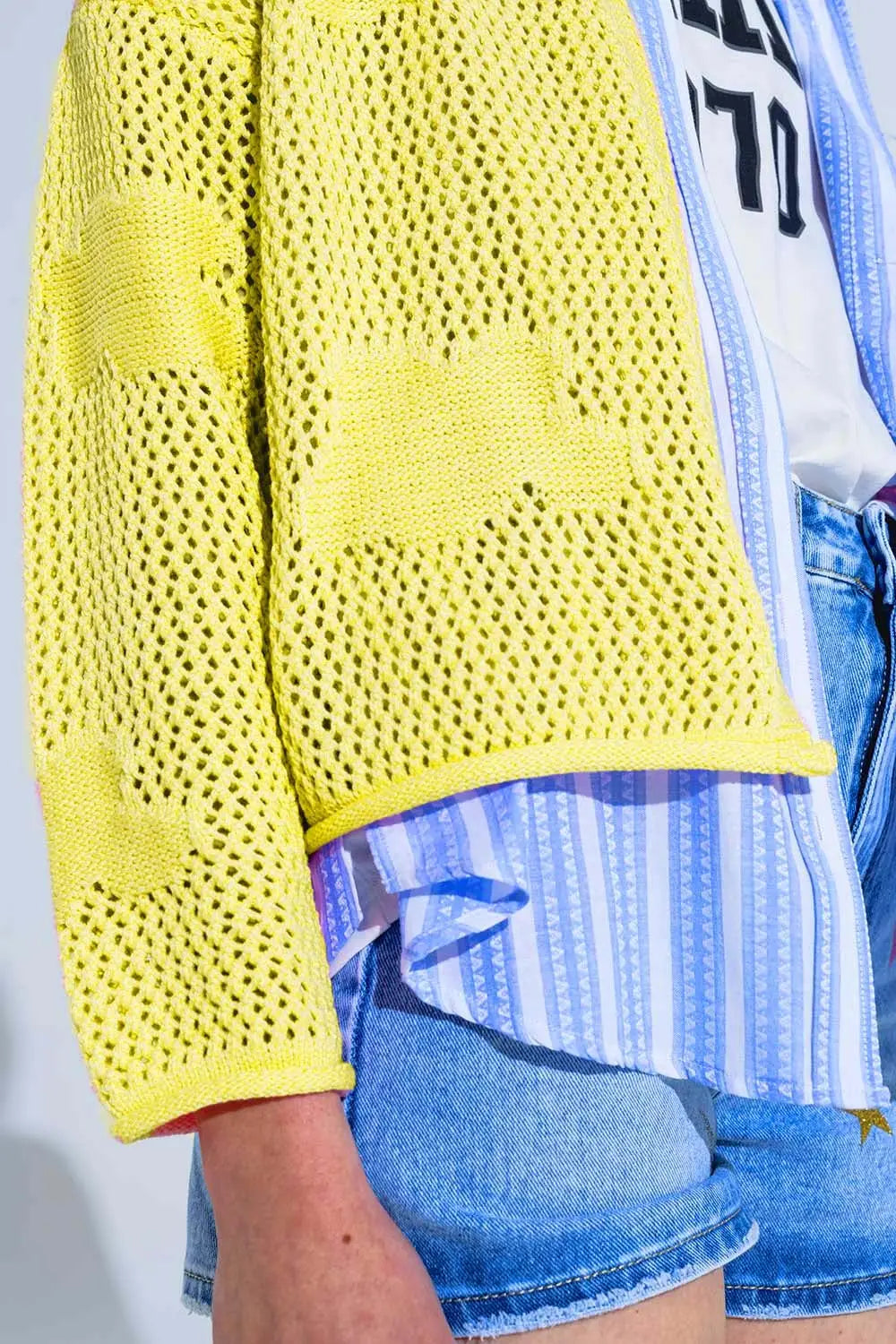 Knitted Crochet Cardigan With Knitted Clouds In yellow - One Size / Yellow - Sweaters