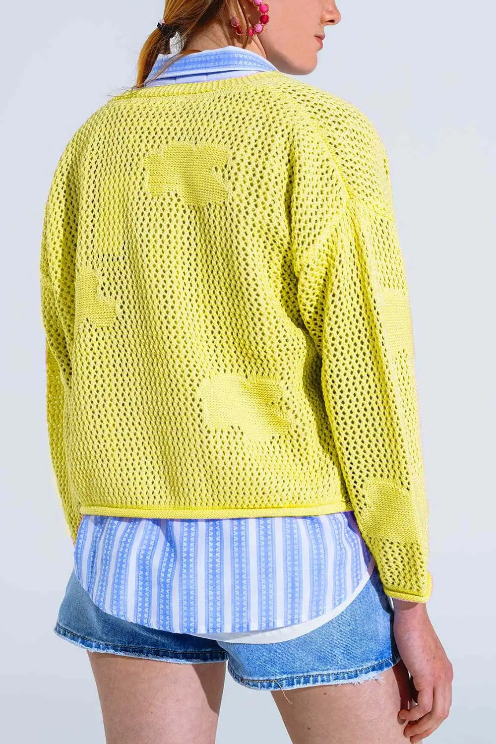 Knitted Crochet Cardigan With Knitted Clouds In yellow - One Size / Yellow - Sweaters