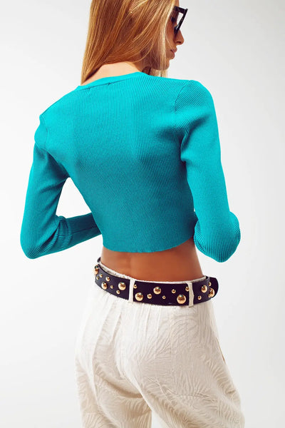 Knitted Cropped Cardigan in Blue - Sweaters