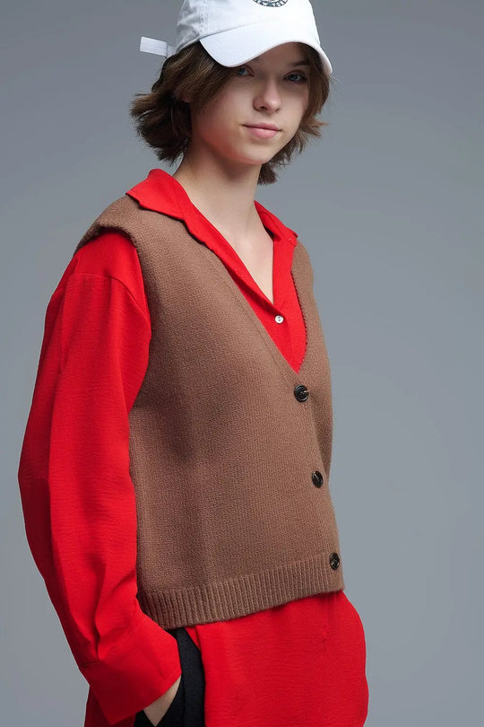 Knitted Cropped Vest in Chocolate Brown - Sweaters