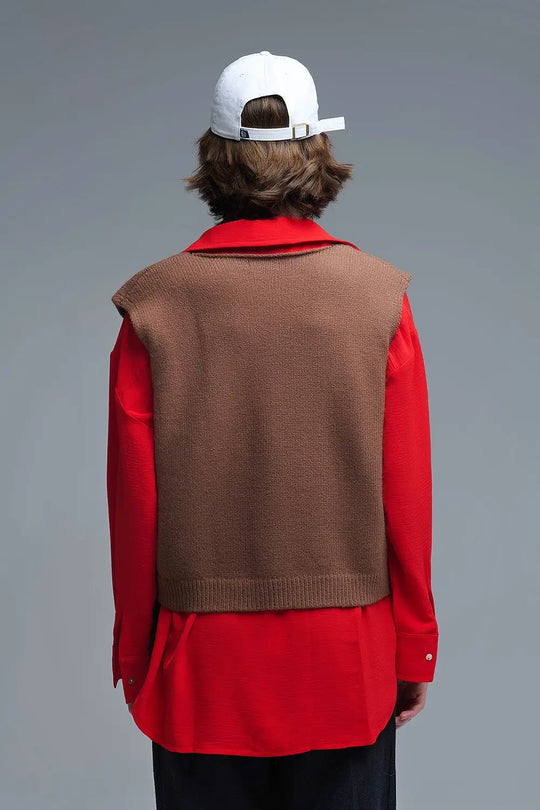 Knitted Cropped Vest in Chocolate Brown - Sweaters