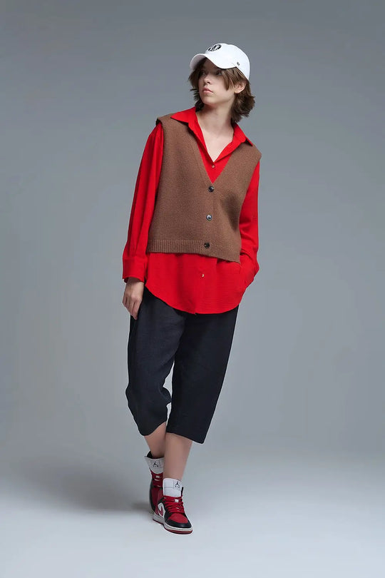 Knitted Cropped Vest in Chocolate Brown - Sweaters