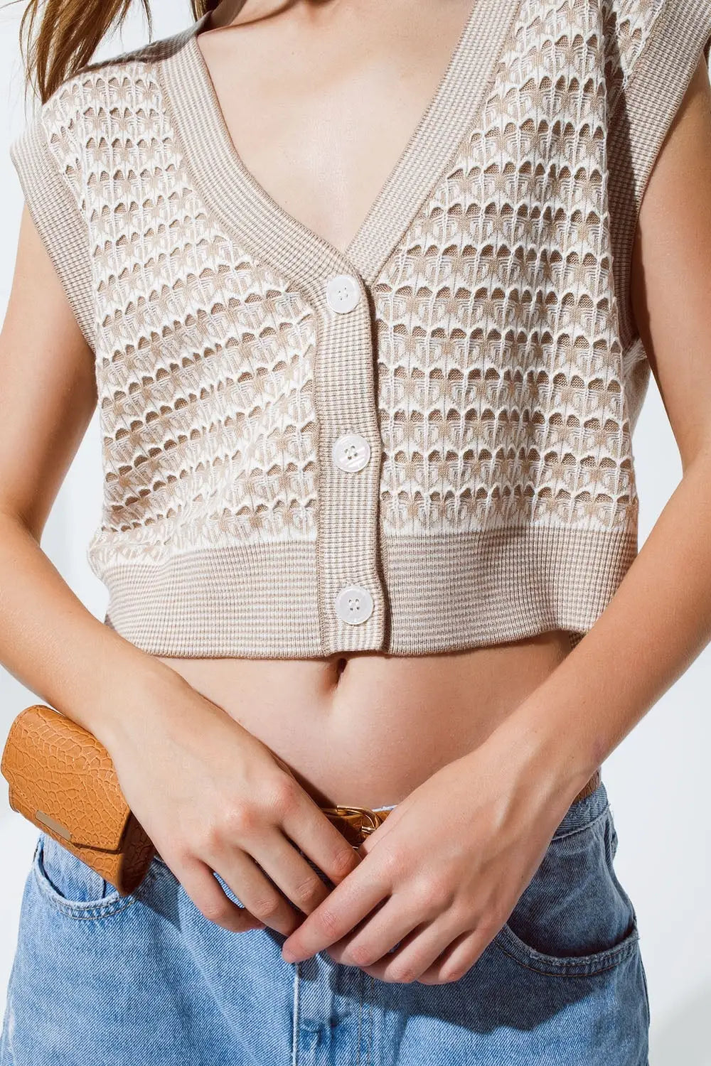 Knitted Cropped Vest With Rib Trim in Beige - Sweaters