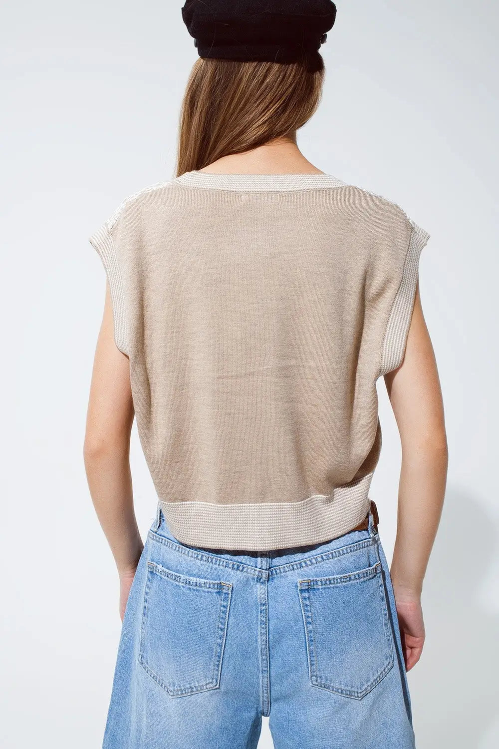 Knitted Cropped Vest With Rib Trim in Beige - One Size / Beige - Sweaters