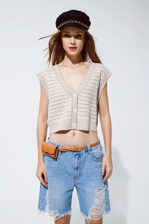 Q2 Knitted Cropped Vest With Rib Trim in Beige