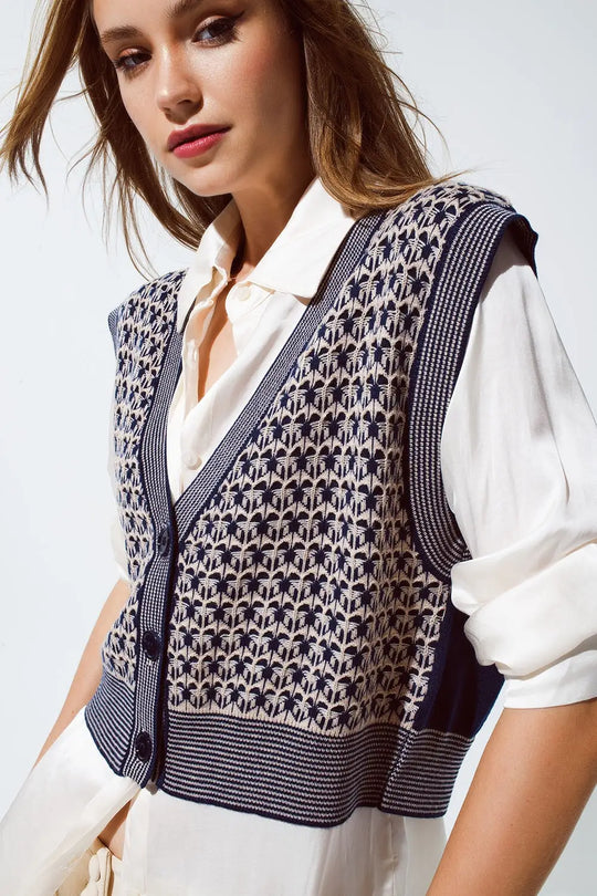 Knitted Cropped Vest With Rib Trim in blue - One Size / Blue - Sweaters