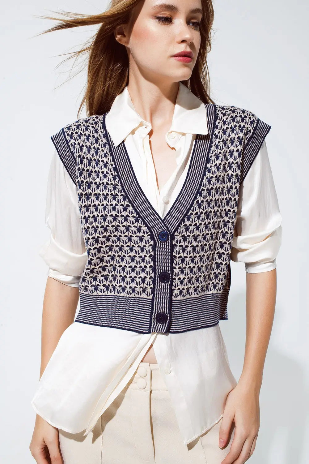 Knitted Cropped Vest With Rib Trim in blue - One Size / Blue - Sweaters