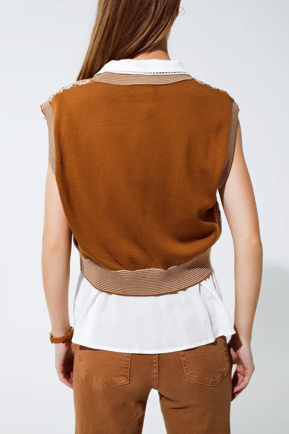 Knitted Cropped Vest With Rib Trim in Brown - One Size / Brown - Sweaters